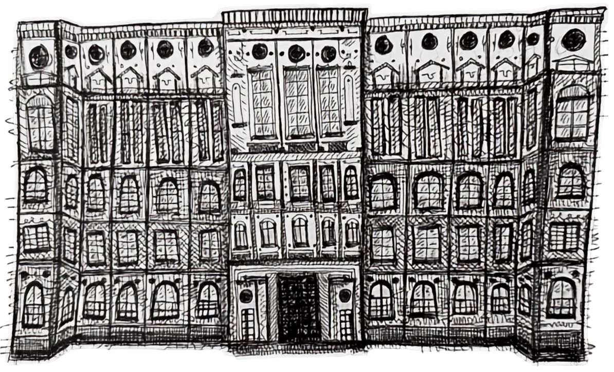 Hand-drawn illustration of the FR8 building